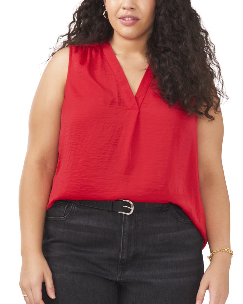 Front of a model wearing a size 1X Elena Sleeveless Blouse in RED HOT by Vince Camuto. | dia_product_style_image_id:261487
